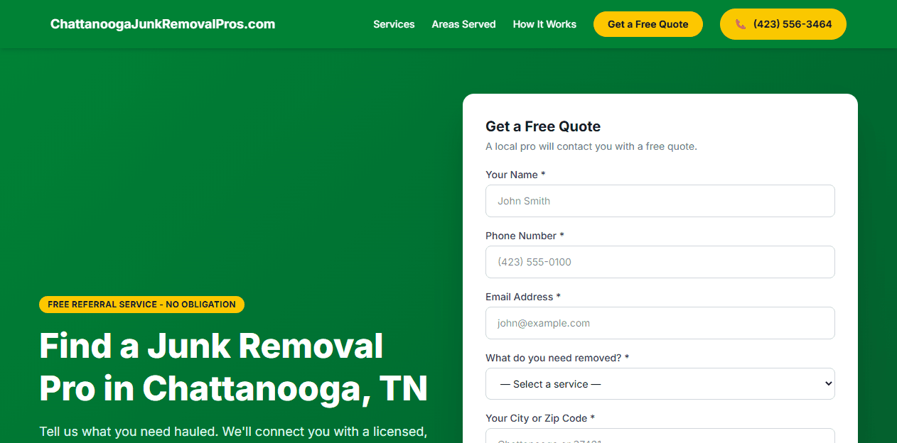 Screenshot of the Chattanooga Junk Removal Pros website homepage